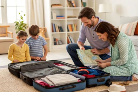 Family packing suitcases for vacation